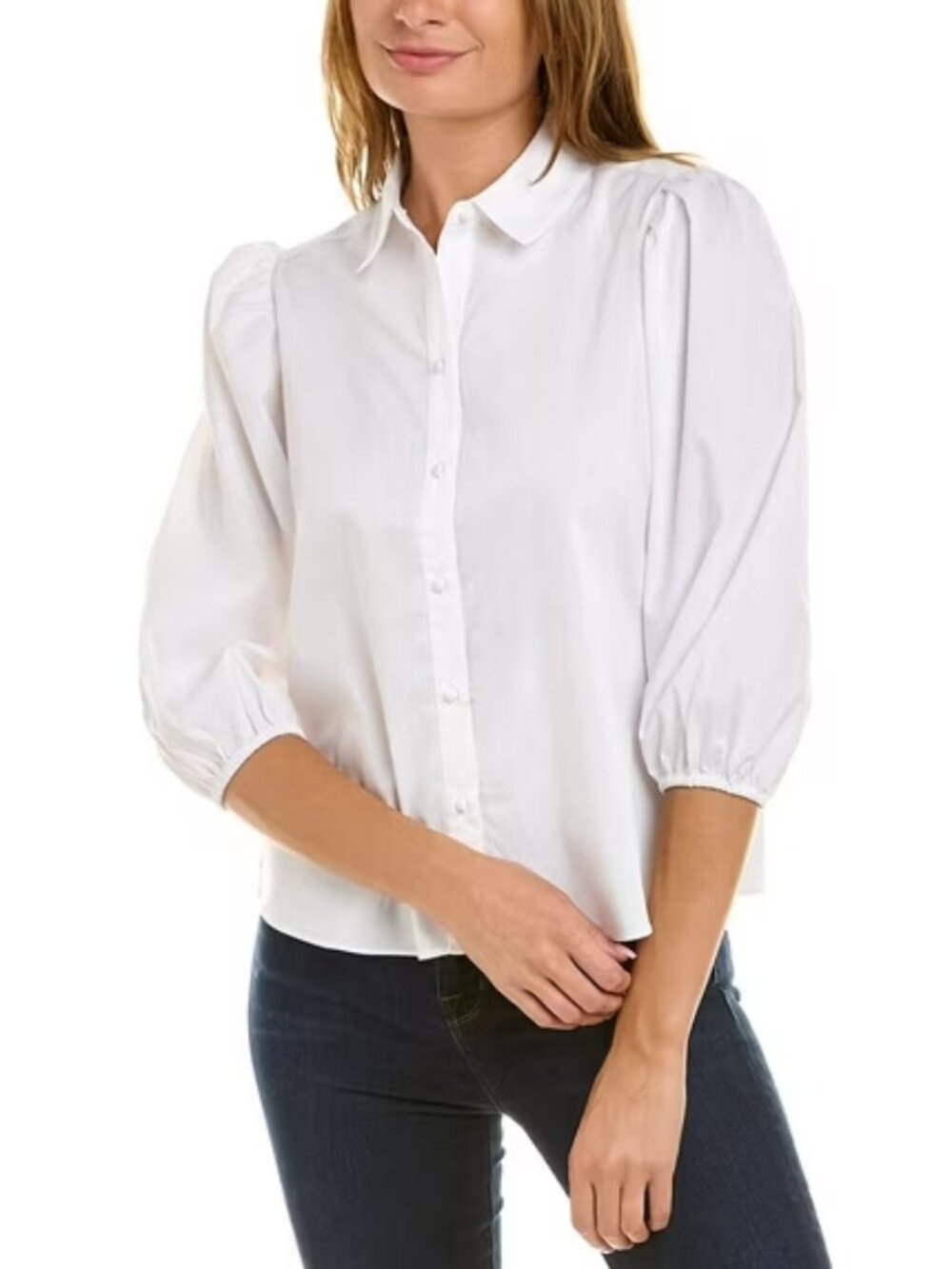 Nanette Lepore White 3/4 Length Puff Sleeve Poplin Button Front Blouse - Sz Med